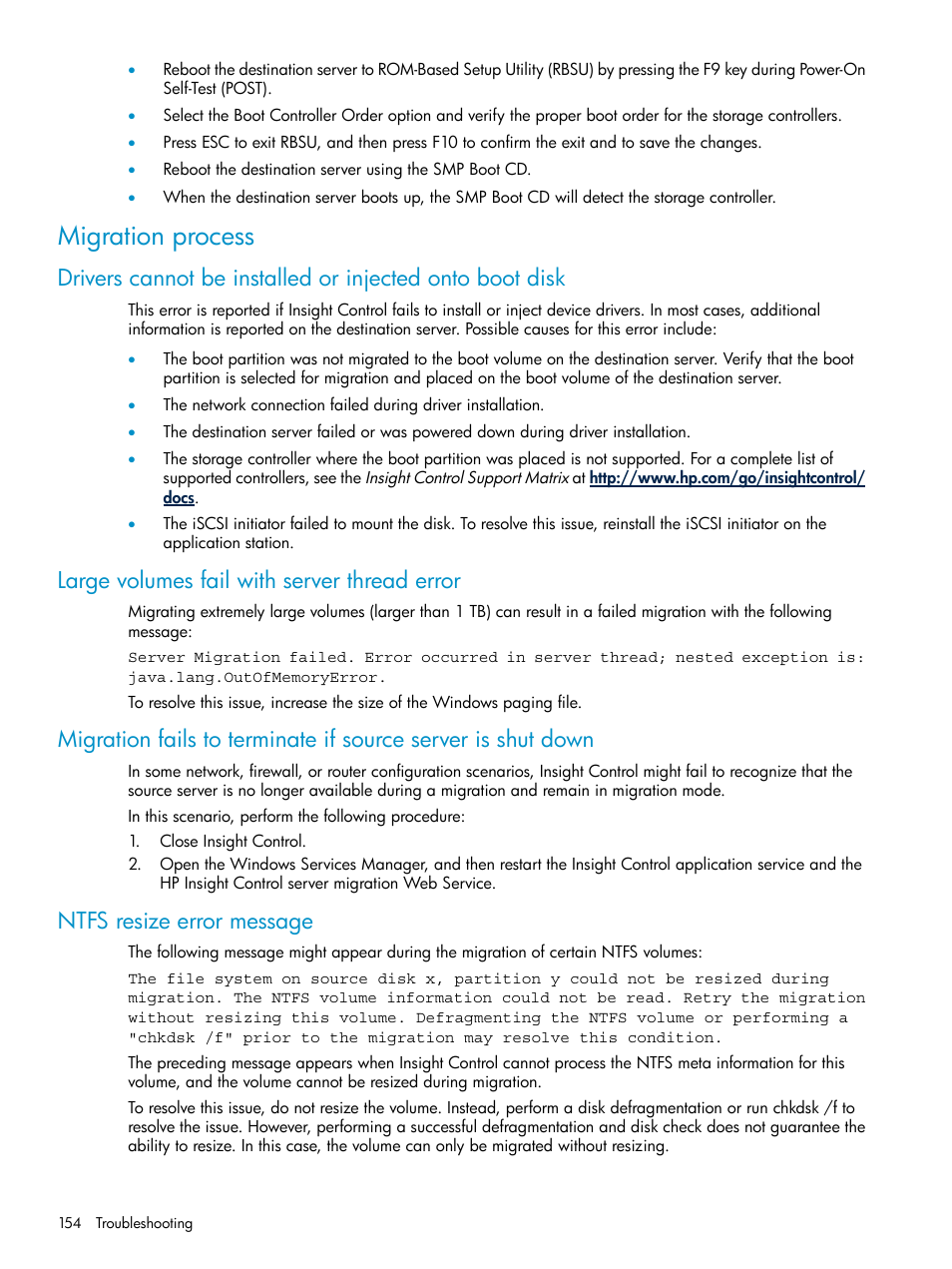 Migration process, Large volumes fail with server thread error, Ntfs resize error message | HP Insight Control User Manual | Page 154 / 173