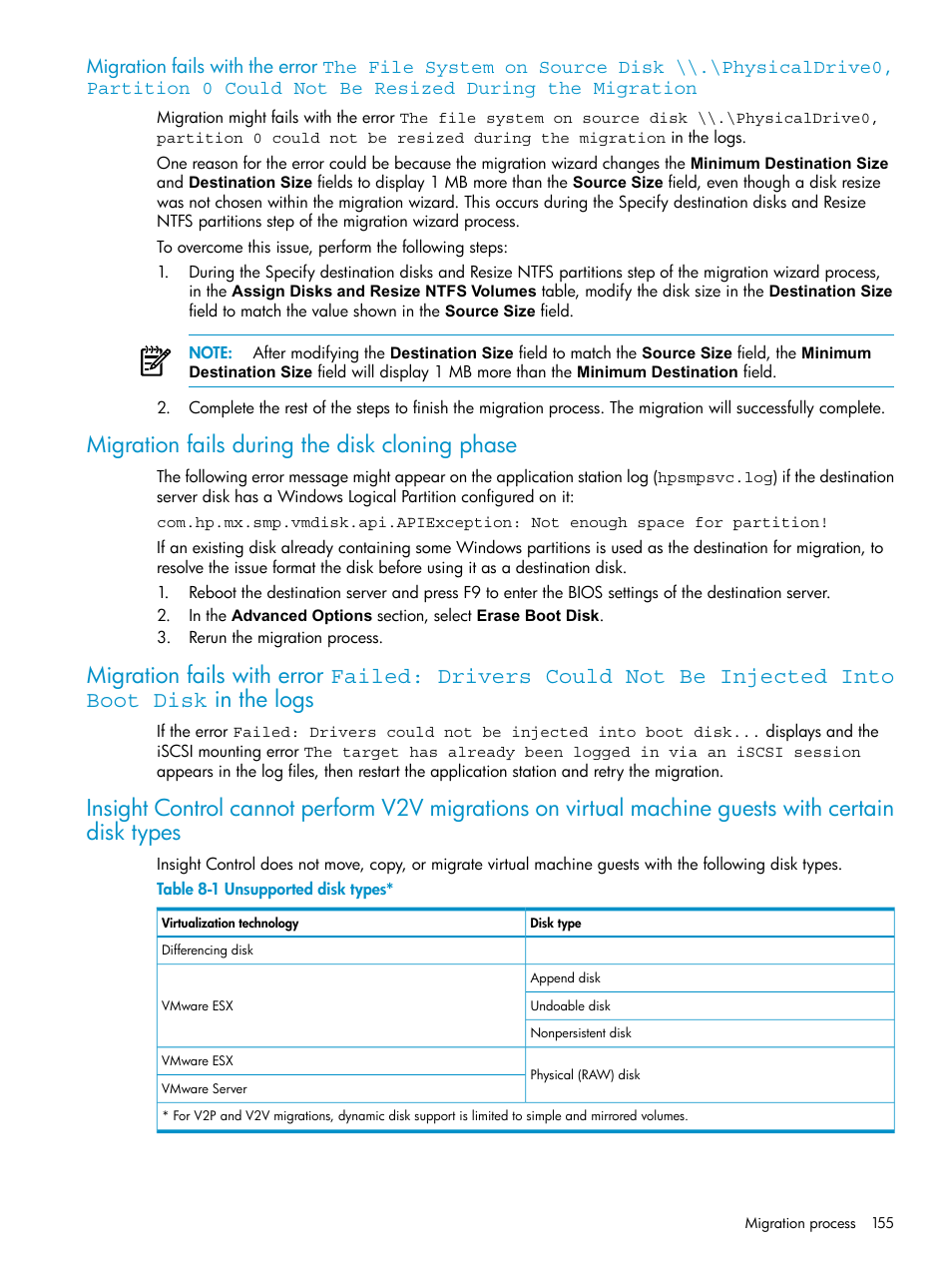 Migration fails during the disk cloning phase, Unsupported disk types | HP Insight Control User Manual | Page 155 / 173