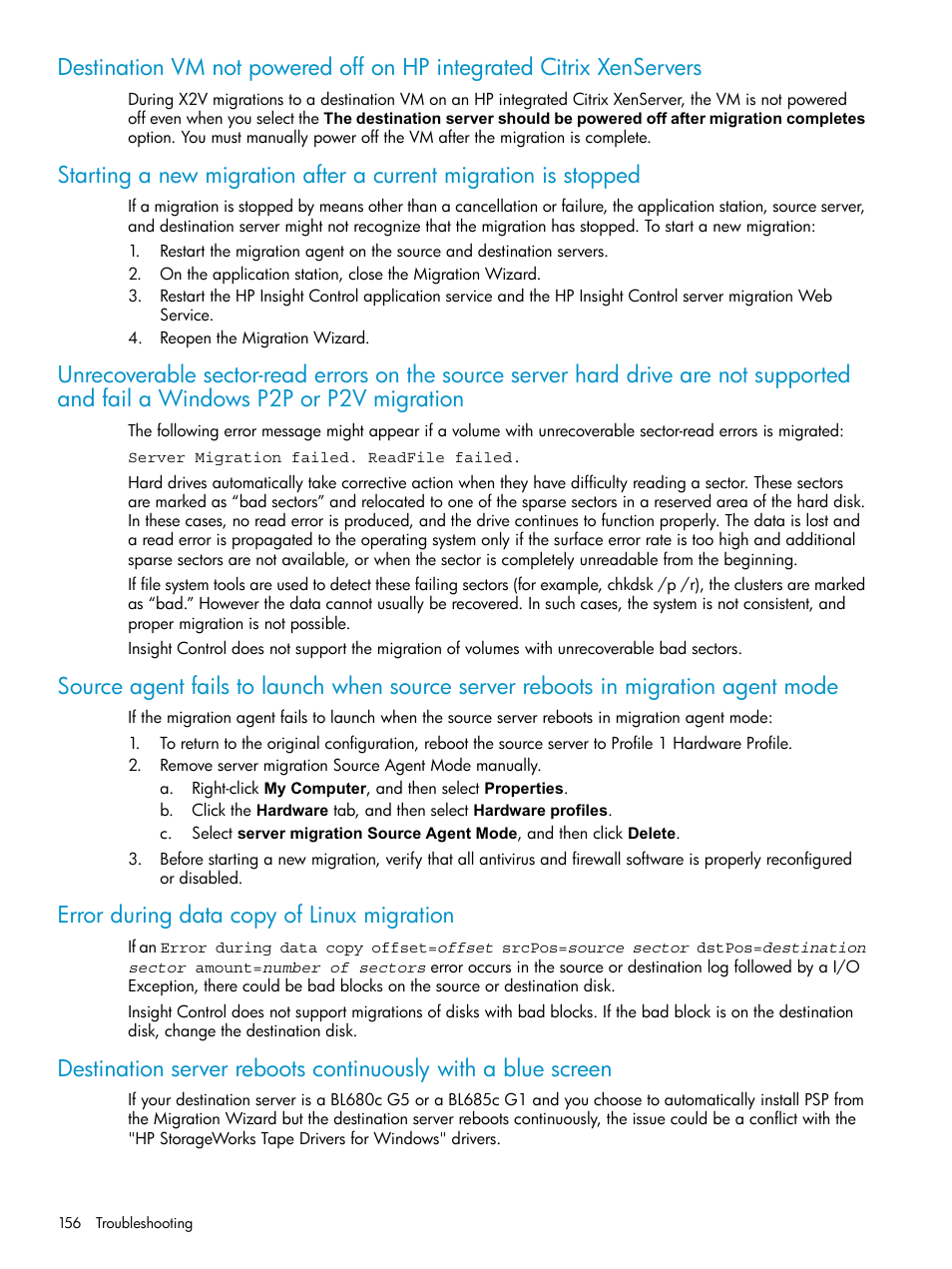 Error during data copy of linux migration | HP Insight Control User Manual | Page 156 / 173