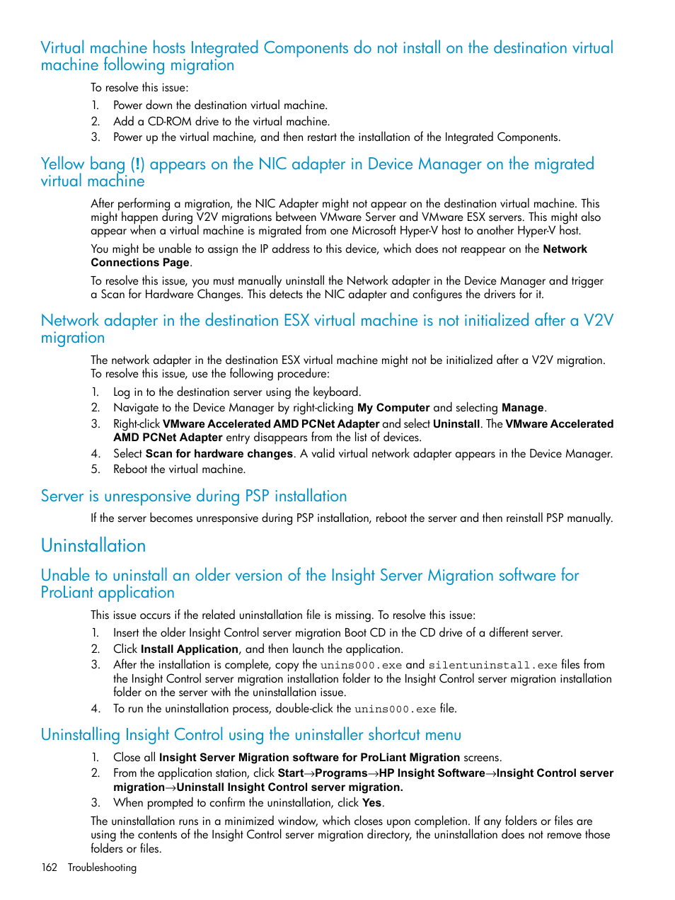 Server is unresponsive during psp installation, Uninstallation | HP Insight Control User Manual | Page 162 / 173