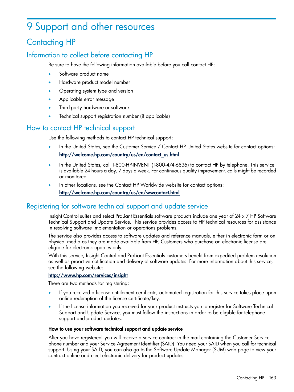 9 support and other resources, Contacting hp, Information to collect before contacting hp | How to contact hp technical support | HP Insight Control User Manual | Page 163 / 173