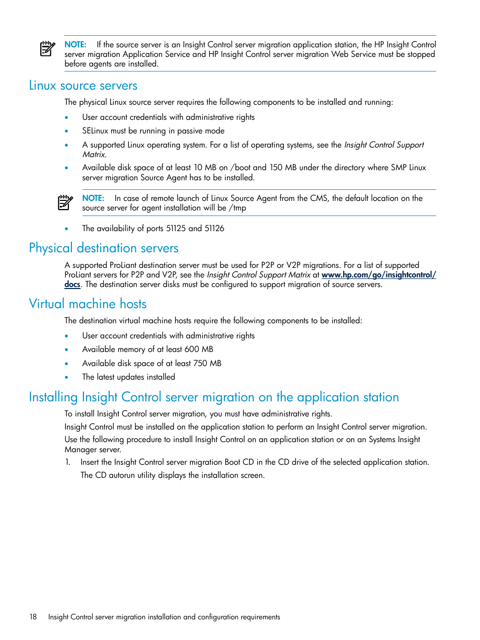 Linux source servers, Physical destination servers, Virtual machine hosts | HP Insight Control User Manual | Page 18 / 173