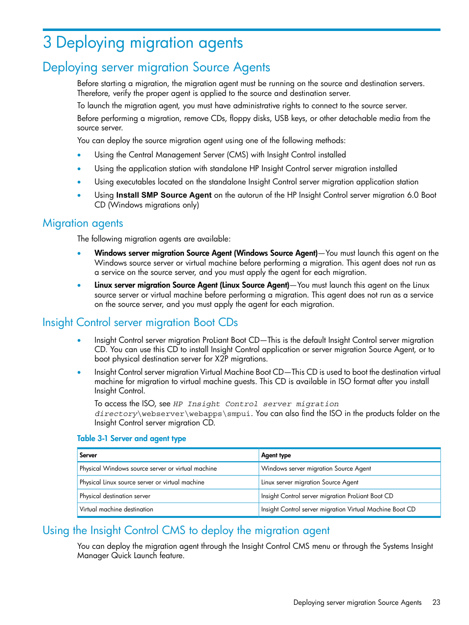 3 deploying migration agents, Deploying server migration source agents, Migration agents | Insight control server migration boot cds, Server and agent type | HP Insight Control User Manual | Page 23 / 173