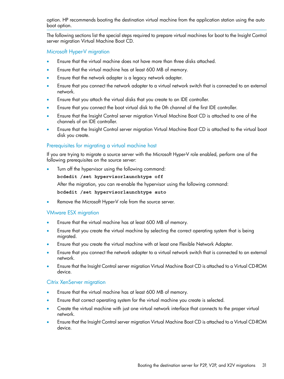 Microsoft hyper-v migration, Prerequisites for migrating a virtual machine host, Vmware esx migration | Citrix xenserver migration | HP Insight Control User Manual | Page 31 / 173
