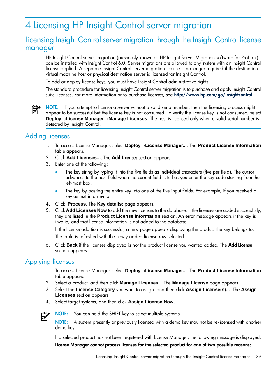 4 licensing hp insight control server migration, Adding licenses, Applying licenses | Adding licenses applying licenses, Licensing, Hp insight control server migration | HP Insight Control User Manual | Page 39 / 173
