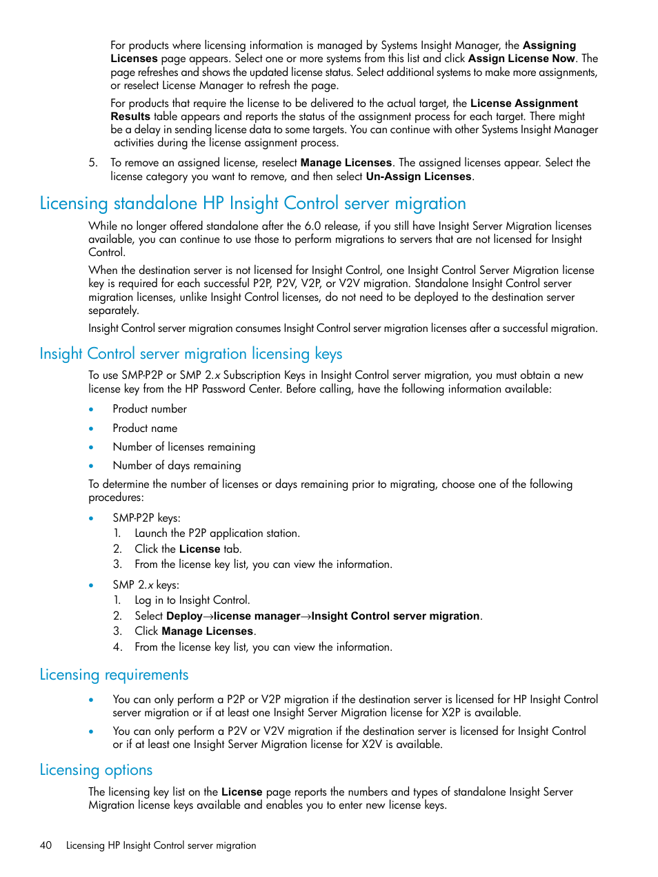Insight control server migration licensing keys, Licensing requirements, Licensing options | HP Insight Control User Manual | Page 40 / 173