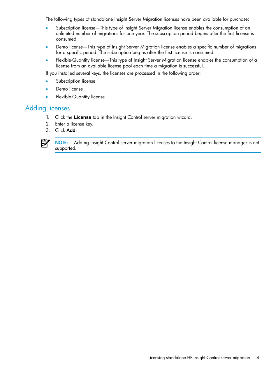 Adding licenses | HP Insight Control User Manual | Page 41 / 173