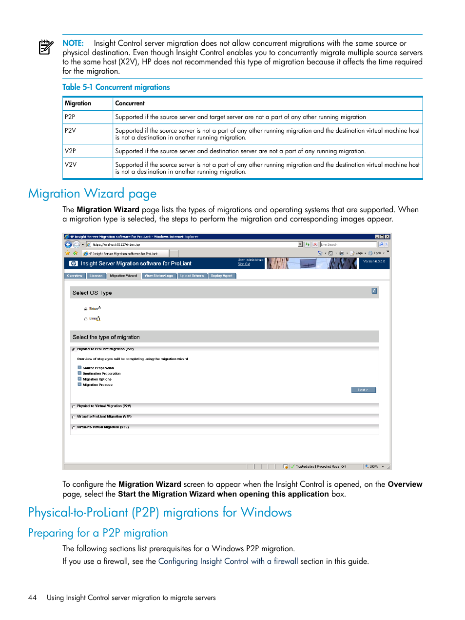 Physical-to-proliant (p2p) migrations for windows, Preparing for a p2p migration, Concurrent migrations | Migration wizard page | HP Insight Control User Manual | Page 44 / 173