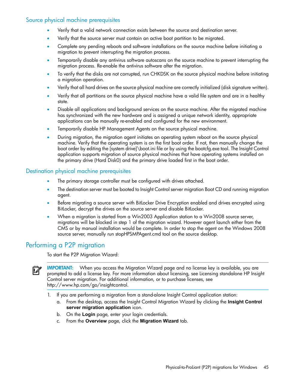 Performing a p2p migration | HP Insight Control User Manual | Page 45 / 173