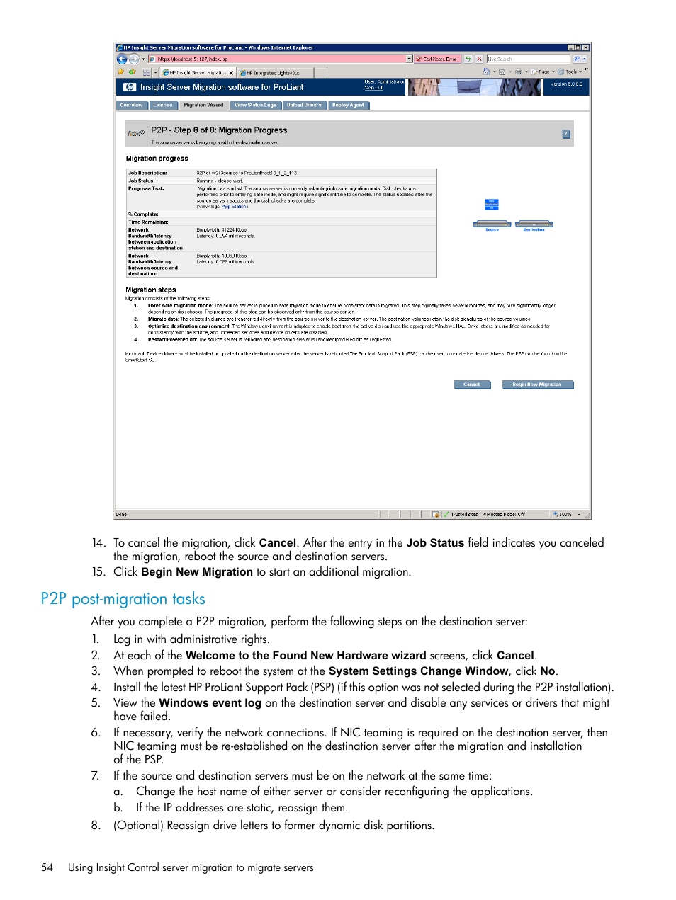 P2p post-migration tasks, P2p post-migration, Tasks | HP Insight Control User Manual | Page 54 / 173
