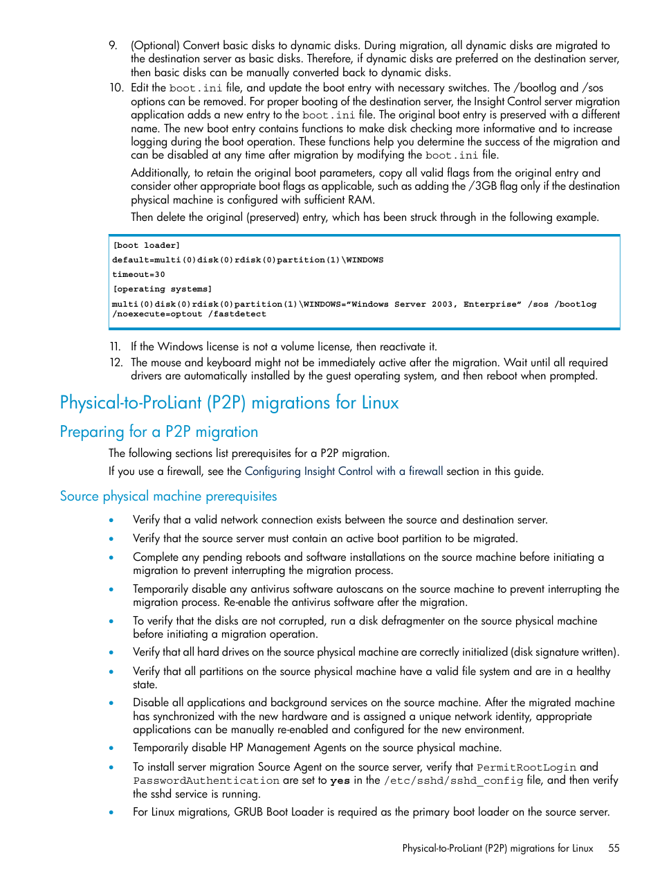 Source physical machine prerequisites, Physical-to-proliant (p2p) migrations for linux, Preparing for a p2p migration | HP Insight Control User Manual | Page 55 / 173