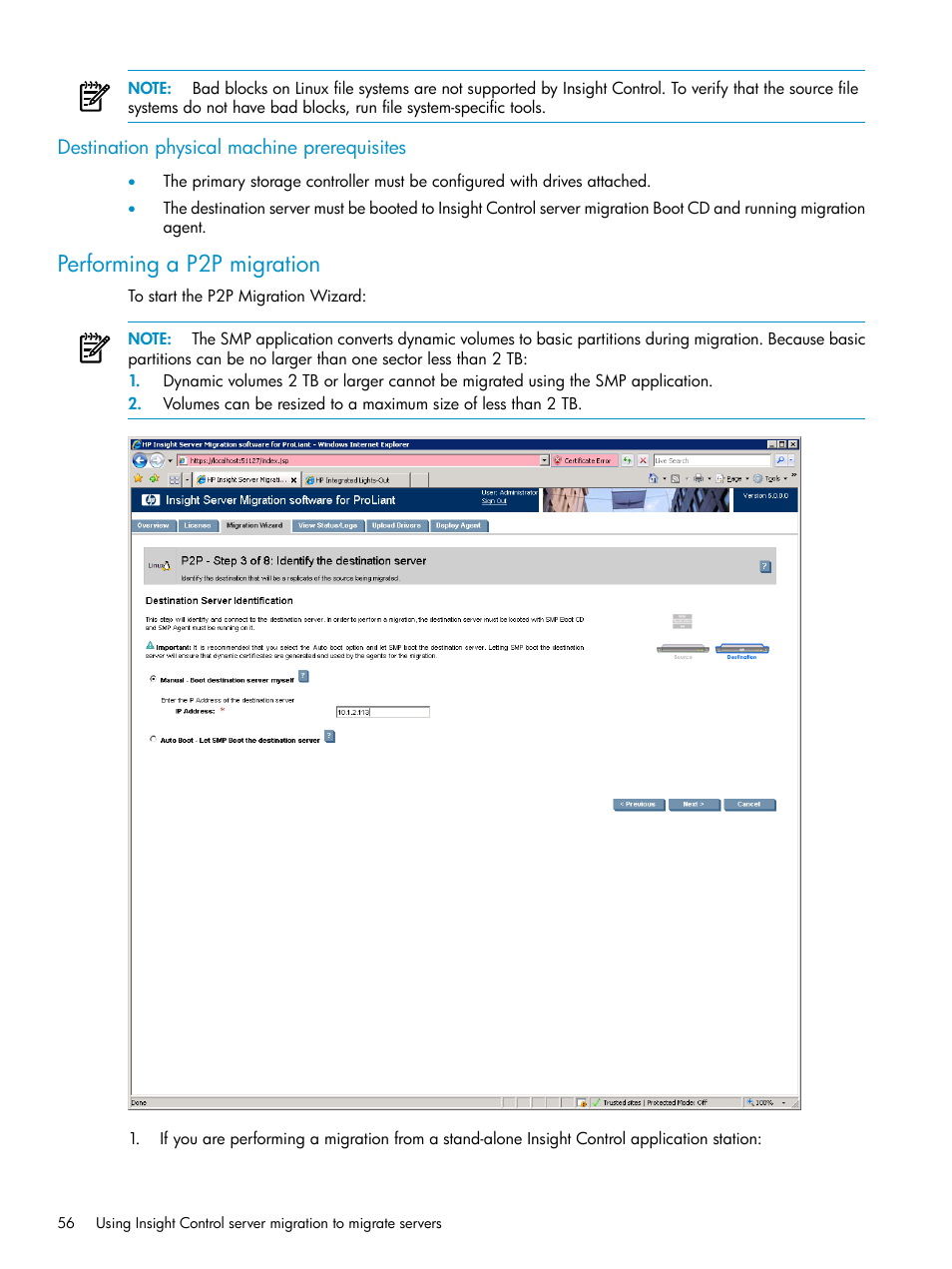 Destination physical machine prerequisites, Performing a p2p migration | HP Insight Control User Manual | Page 56 / 173