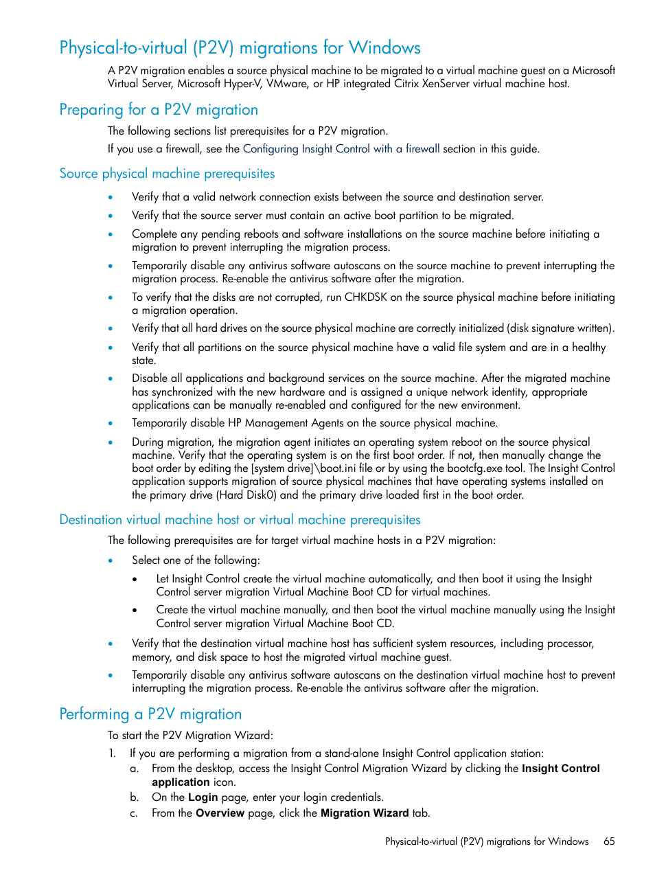 Physical-to-virtual (p2v) migrations for windows, Preparing for a p2v migration, Source physical machine prerequisites | Performing a p2v migration | HP Insight Control User Manual | Page 65 / 173