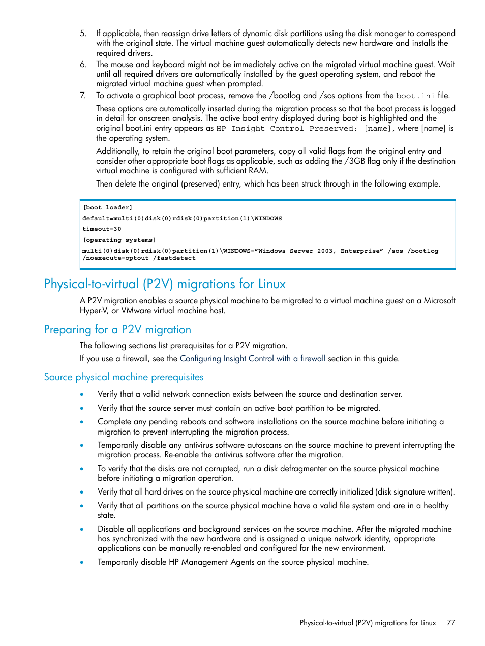 Physical-to-virtual (p2v) migrations for linux, Preparing for a p2v migration, Source physical machine prerequisites | HP Insight Control User Manual | Page 77 / 173