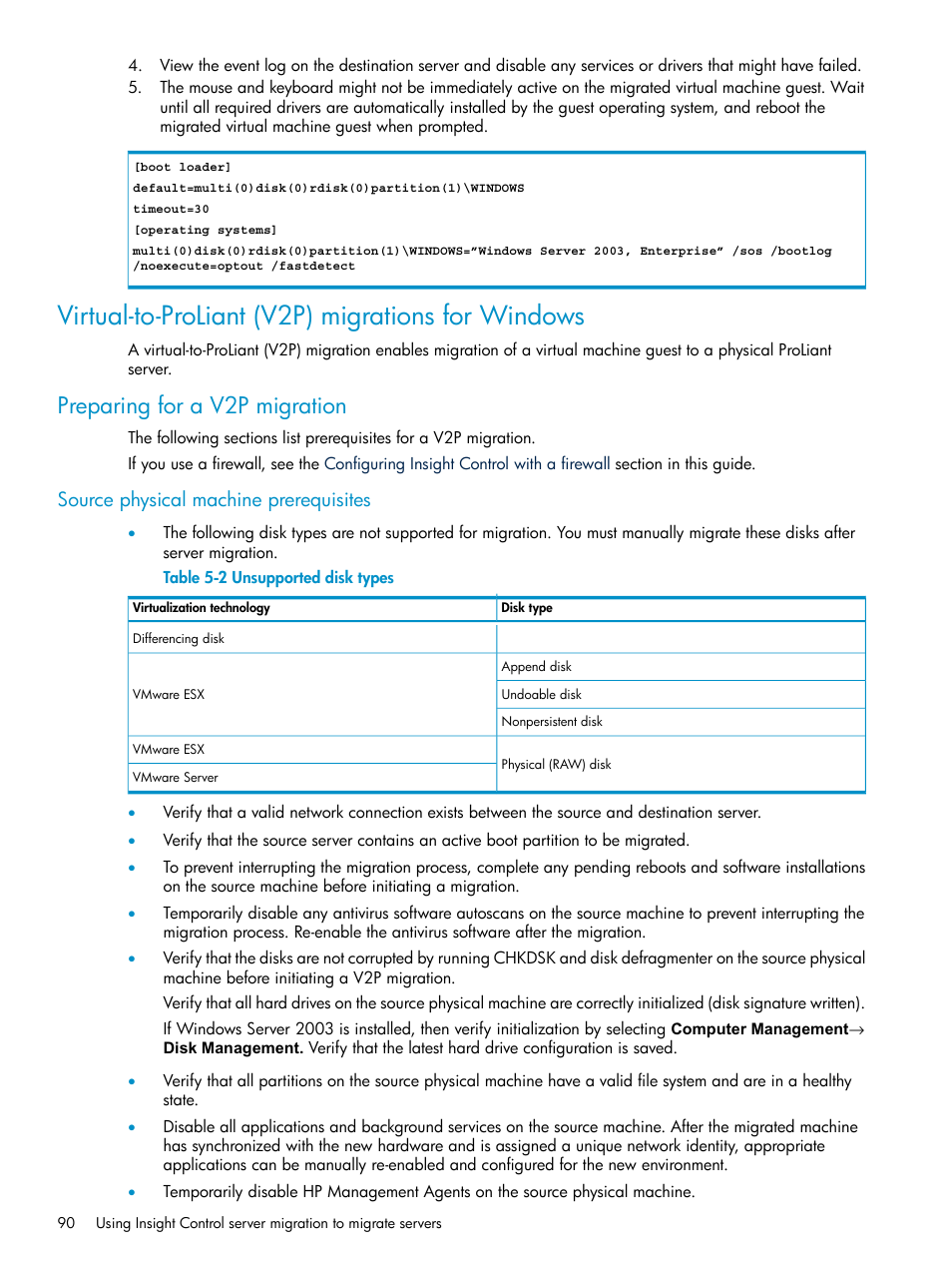 Virtual-to-proliant (v2p) migrations for windows, Preparing for a v2p migration, Source physical machine prerequisites | HP Insight Control User Manual | Page 90 / 173