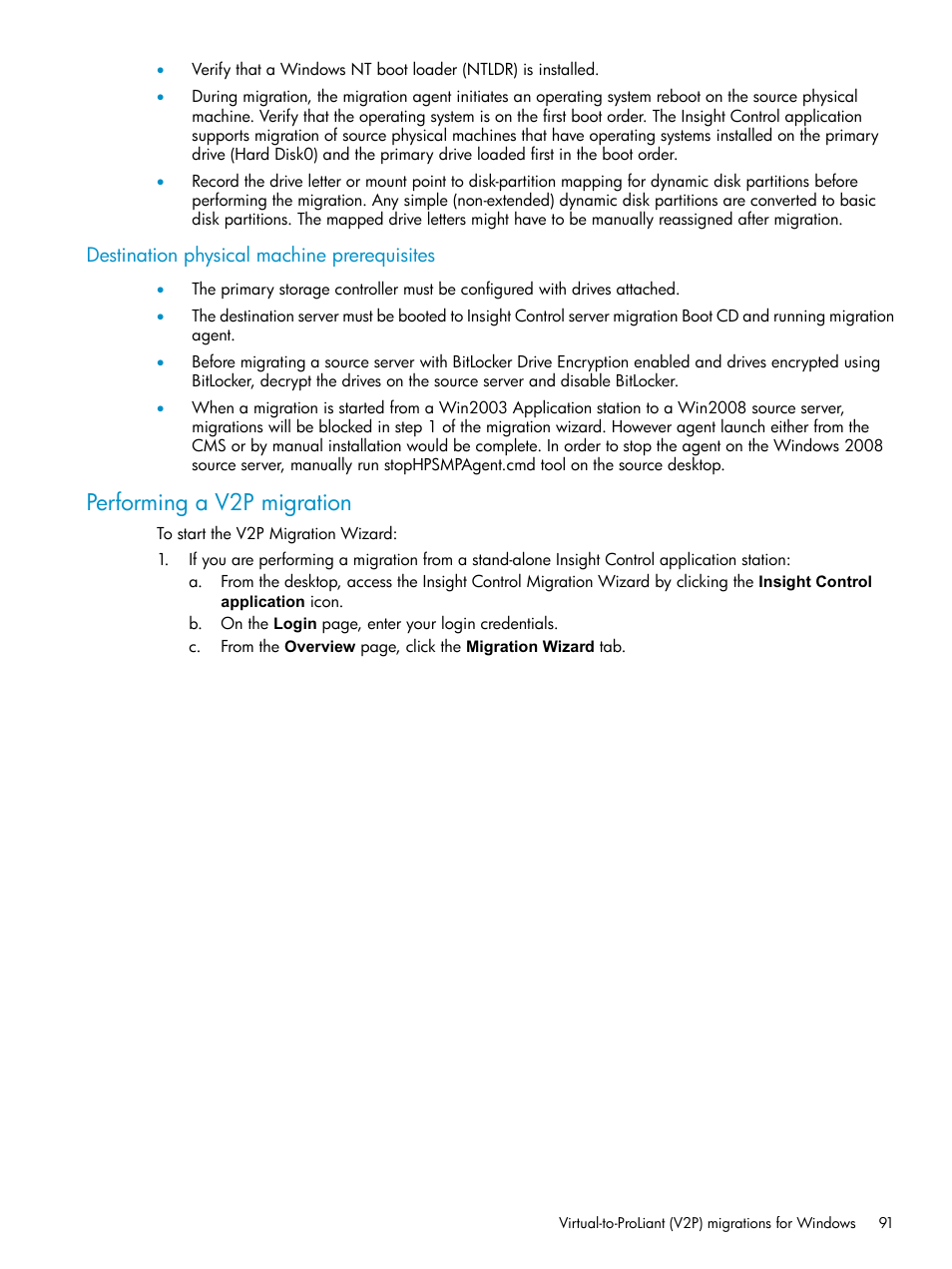 Destination physical machine prerequisites, Performing a v2p migration | HP Insight Control User Manual | Page 91 / 173