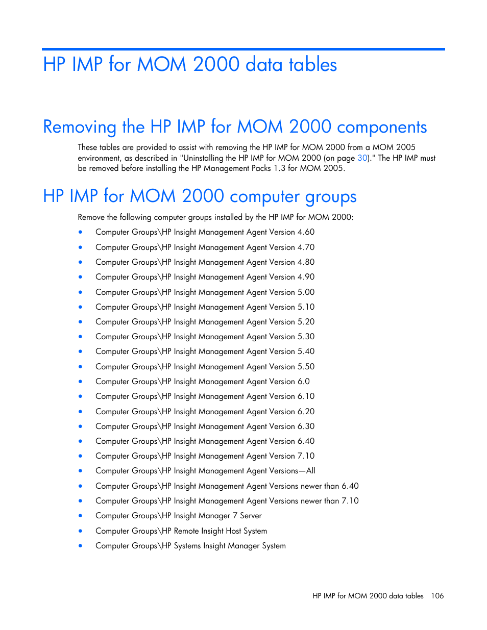 Hp imp for mom 2000 data tables, Removing the hp imp for mom 2000 components, Hp imp for mom 2000 computer groups | HP Microsoft Operations Manager Software User Manual | Page 106 / 116