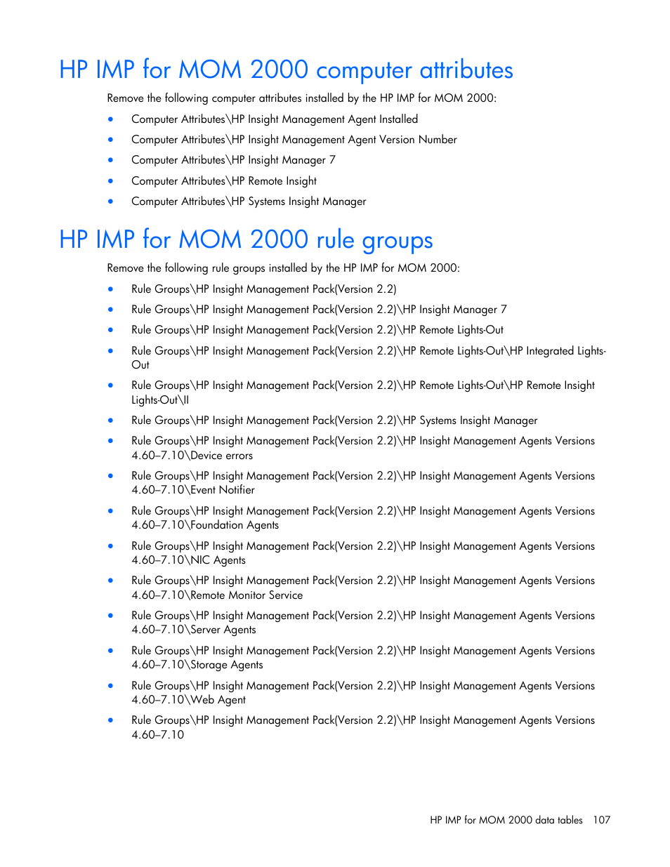 Hp imp for mom 2000 computer attributes, Hp imp for mom 2000 rule groups | HP Microsoft Operations Manager Software User Manual | Page 107 / 116