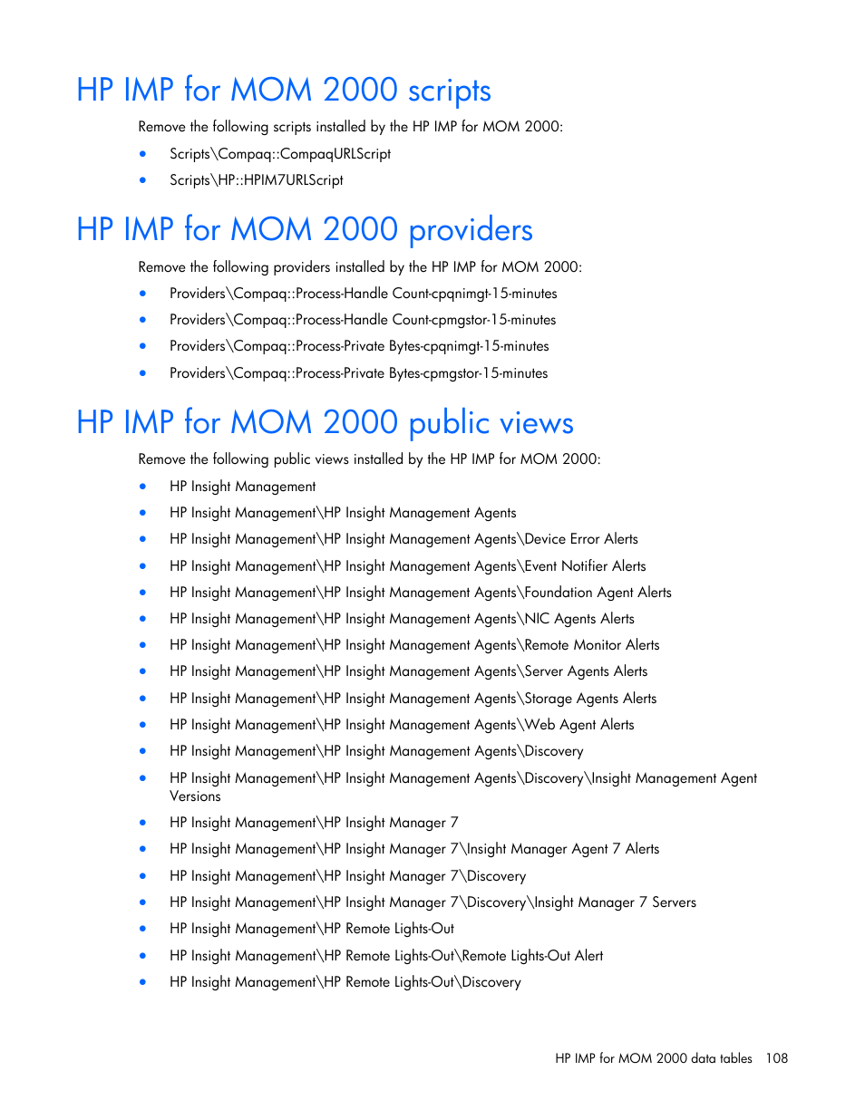 Hp imp for mom 2000 scripts, Hp imp for mom 2000 providers, Hp imp for mom 2000 public views | HP Microsoft Operations Manager Software User Manual | Page 108 / 116