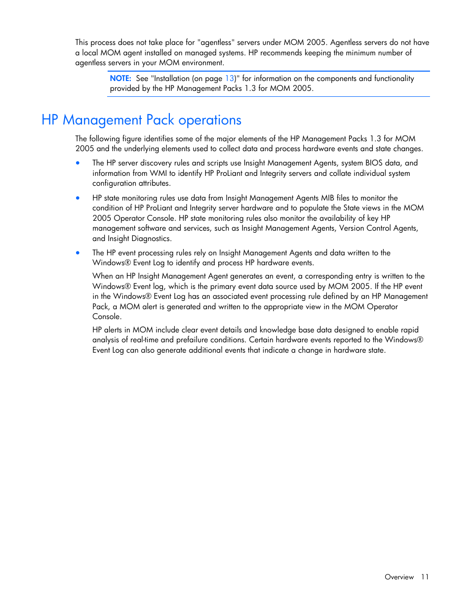 Hp management pack operations | HP Microsoft Operations Manager Software User Manual | Page 11 / 116