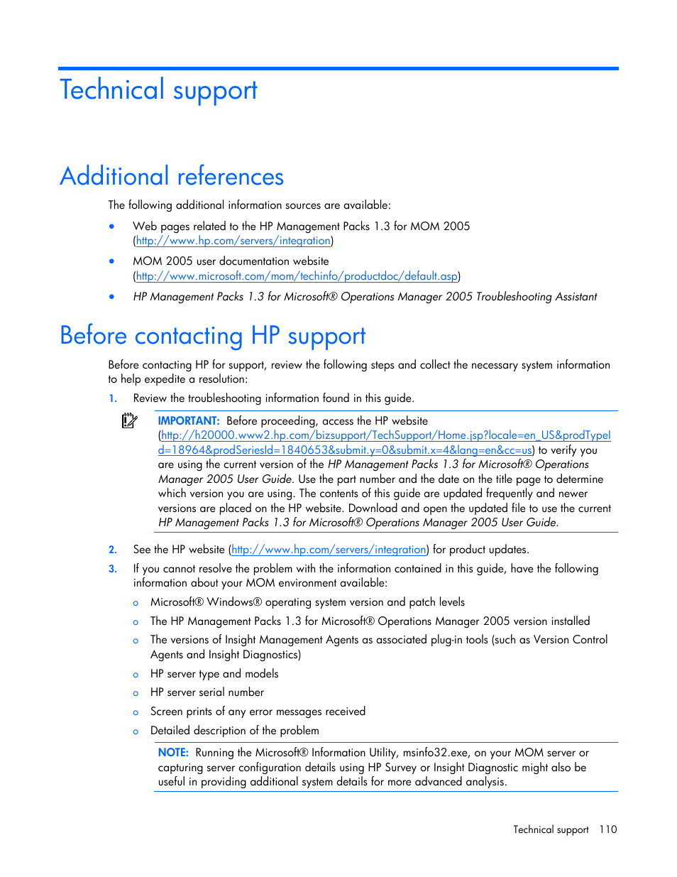 Technical support, Additional references, Before contacting hp support | HP Microsoft Operations Manager Software User Manual | Page 110 / 116