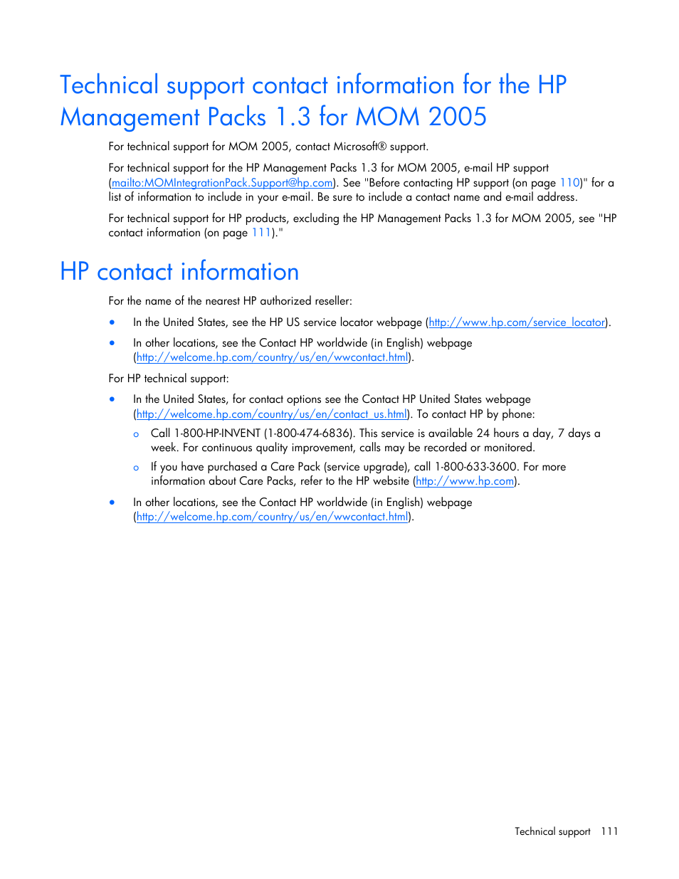 Hp contact information | HP Microsoft Operations Manager Software User Manual | Page 111 / 116