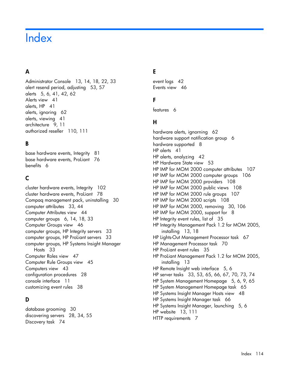 Index | HP Microsoft Operations Manager Software User Manual | Page 114 / 116