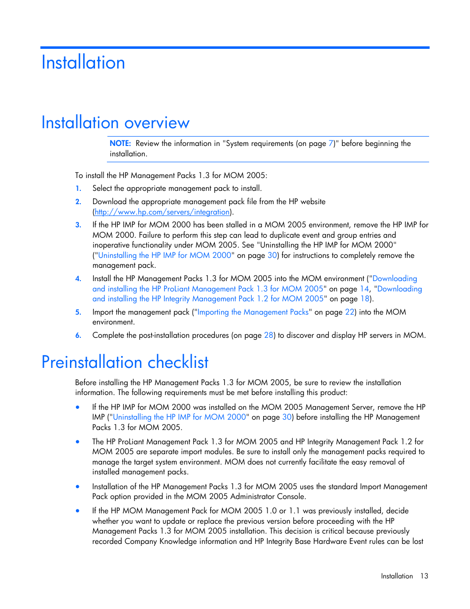 Installation, Installation overview, Preinstallation checklist | HP Microsoft Operations Manager Software User Manual | Page 13 / 116