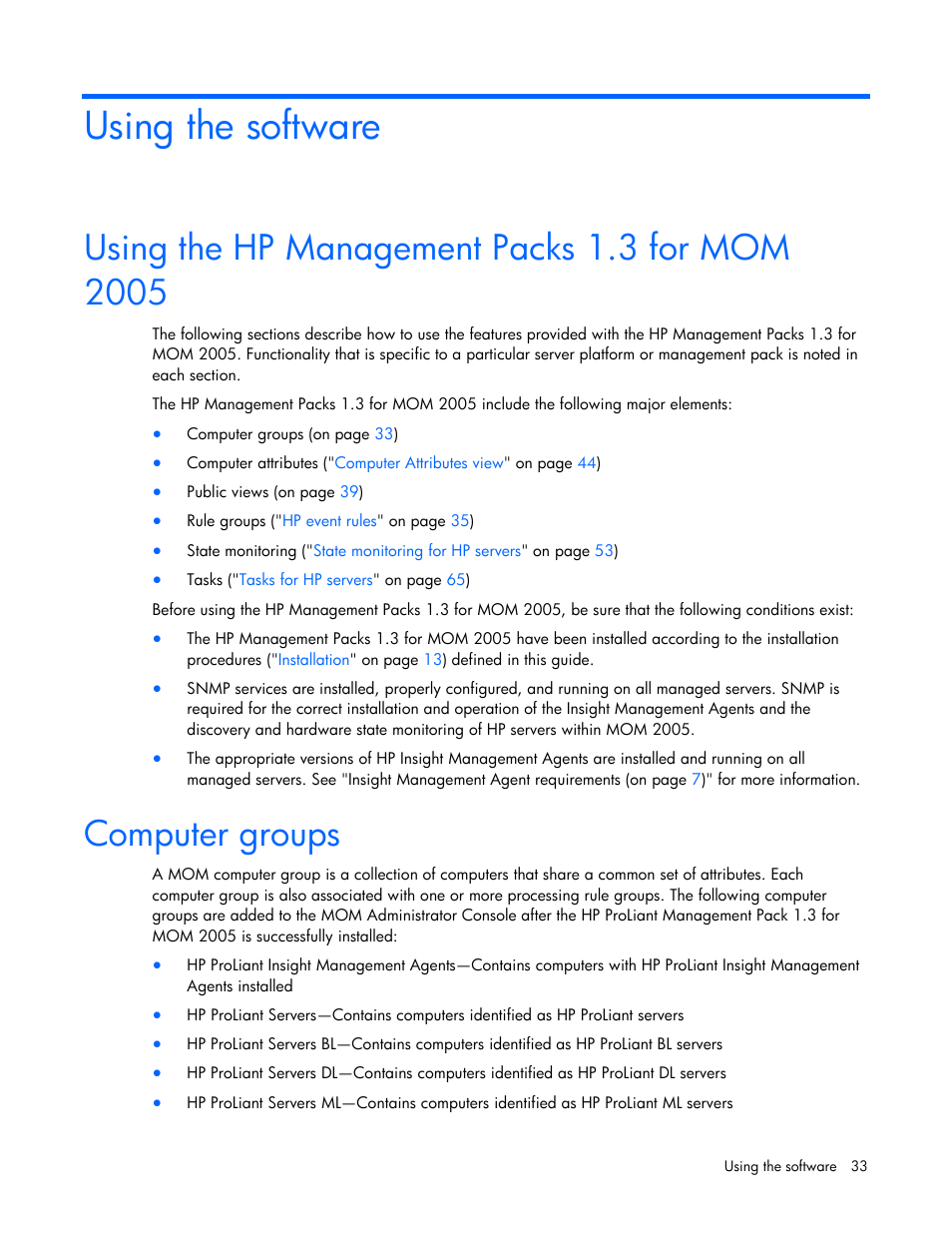 Using the software, Using the hp management packs 1.3 for mom 2005, Computer groups | HP Microsoft Operations Manager Software User Manual | Page 33 / 116