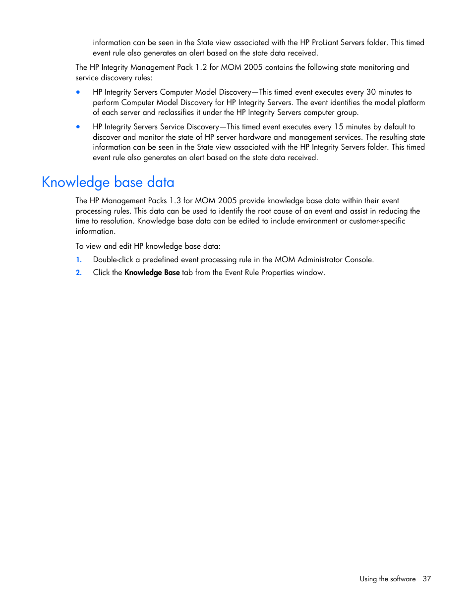 Knowledge base data | HP Microsoft Operations Manager Software User Manual | Page 37 / 116