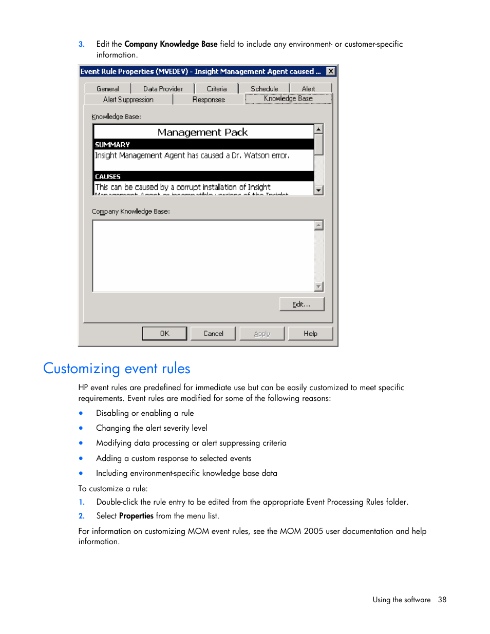 Customizing event rules | HP Microsoft Operations Manager Software User Manual | Page 38 / 116