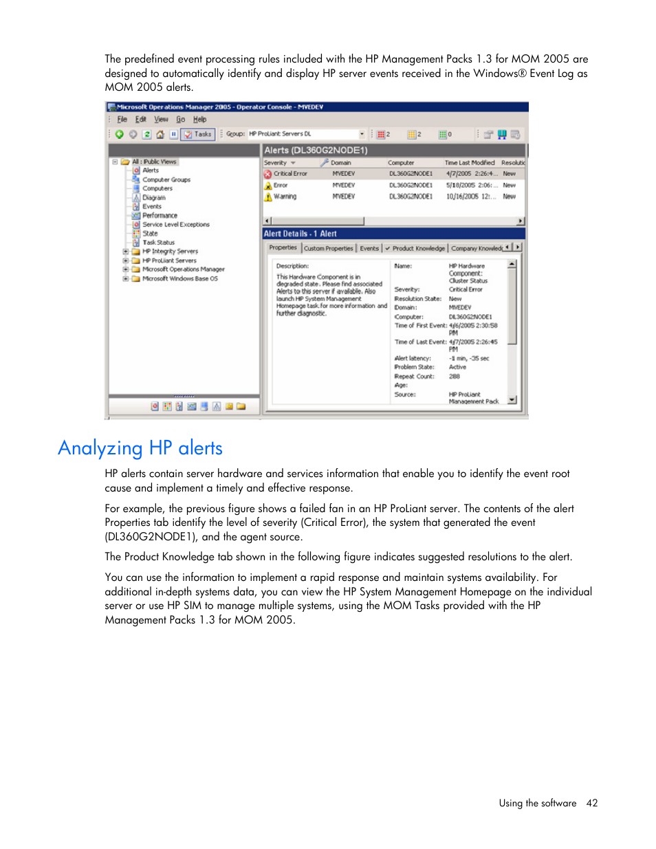 Analyzing hp alerts | HP Microsoft Operations Manager Software User Manual | Page 42 / 116