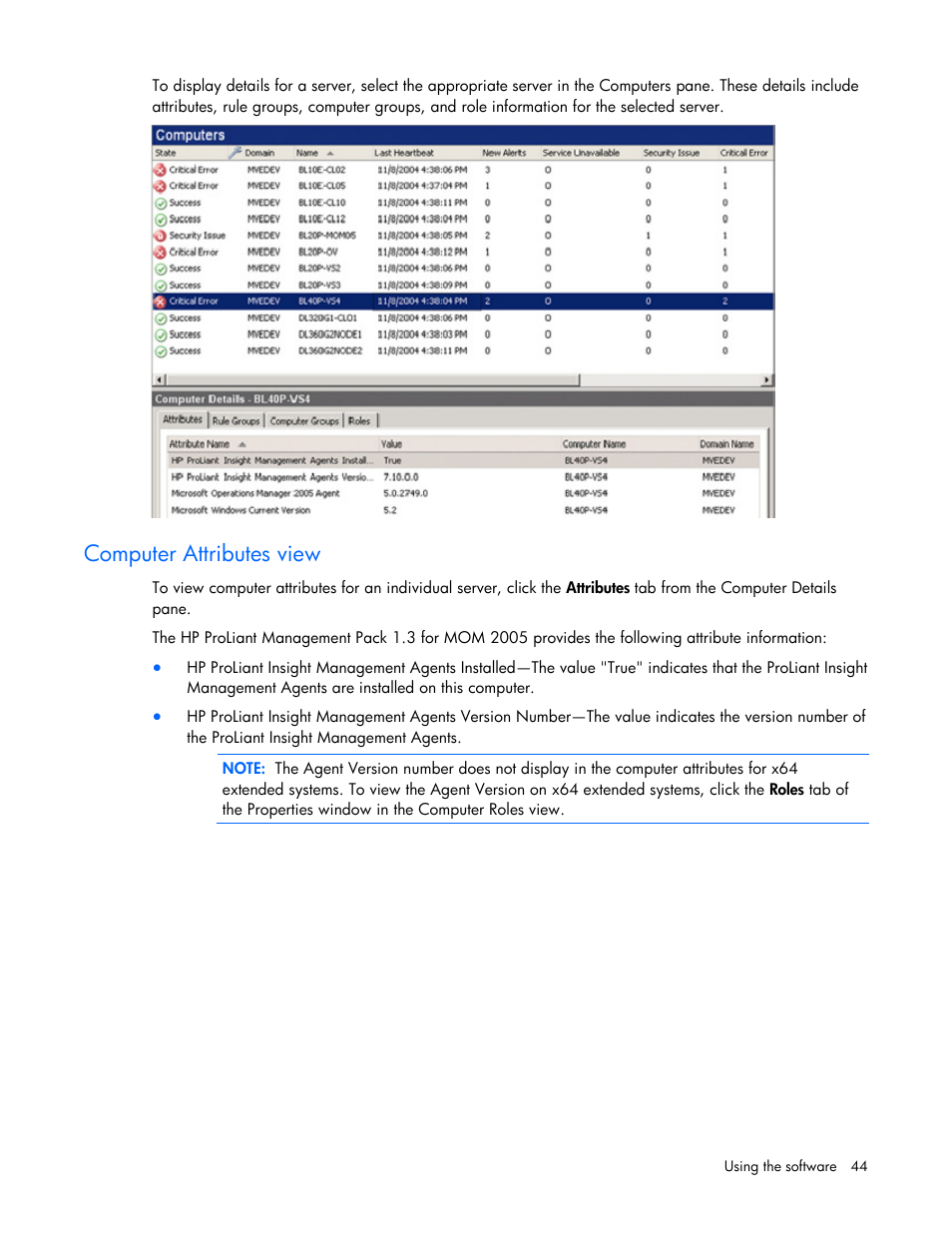 Computer attributes view | HP Microsoft Operations Manager Software User Manual | Page 44 / 116
