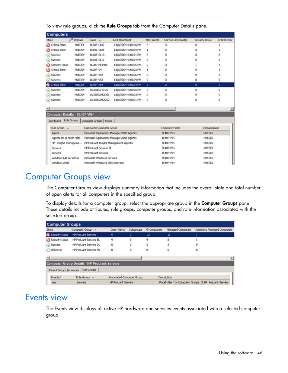 Computer groups view, Events view | HP Microsoft Operations Manager Software User Manual | Page 46 / 116