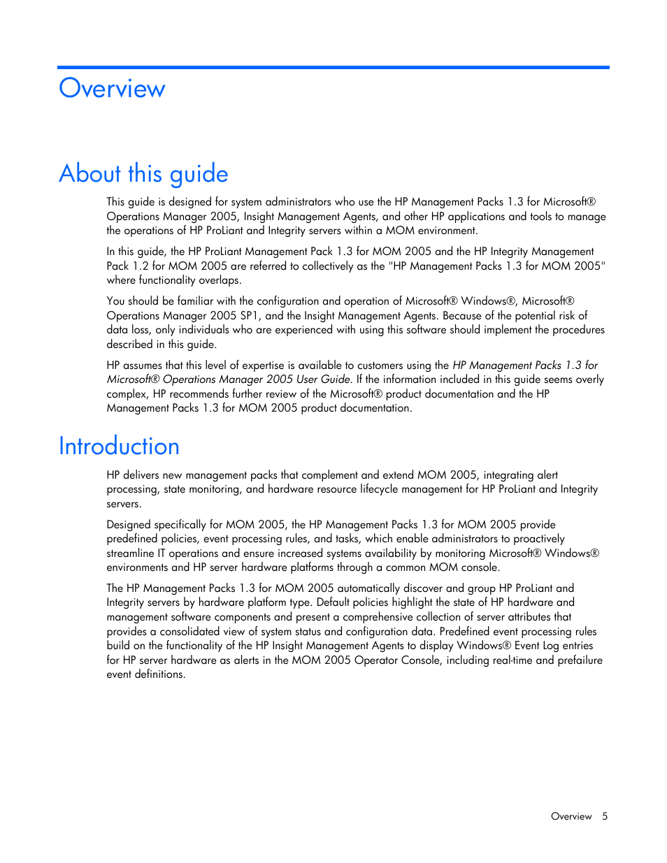 Overview, About this guide, Introduction | HP Microsoft Operations Manager Software User Manual | Page 5 / 116