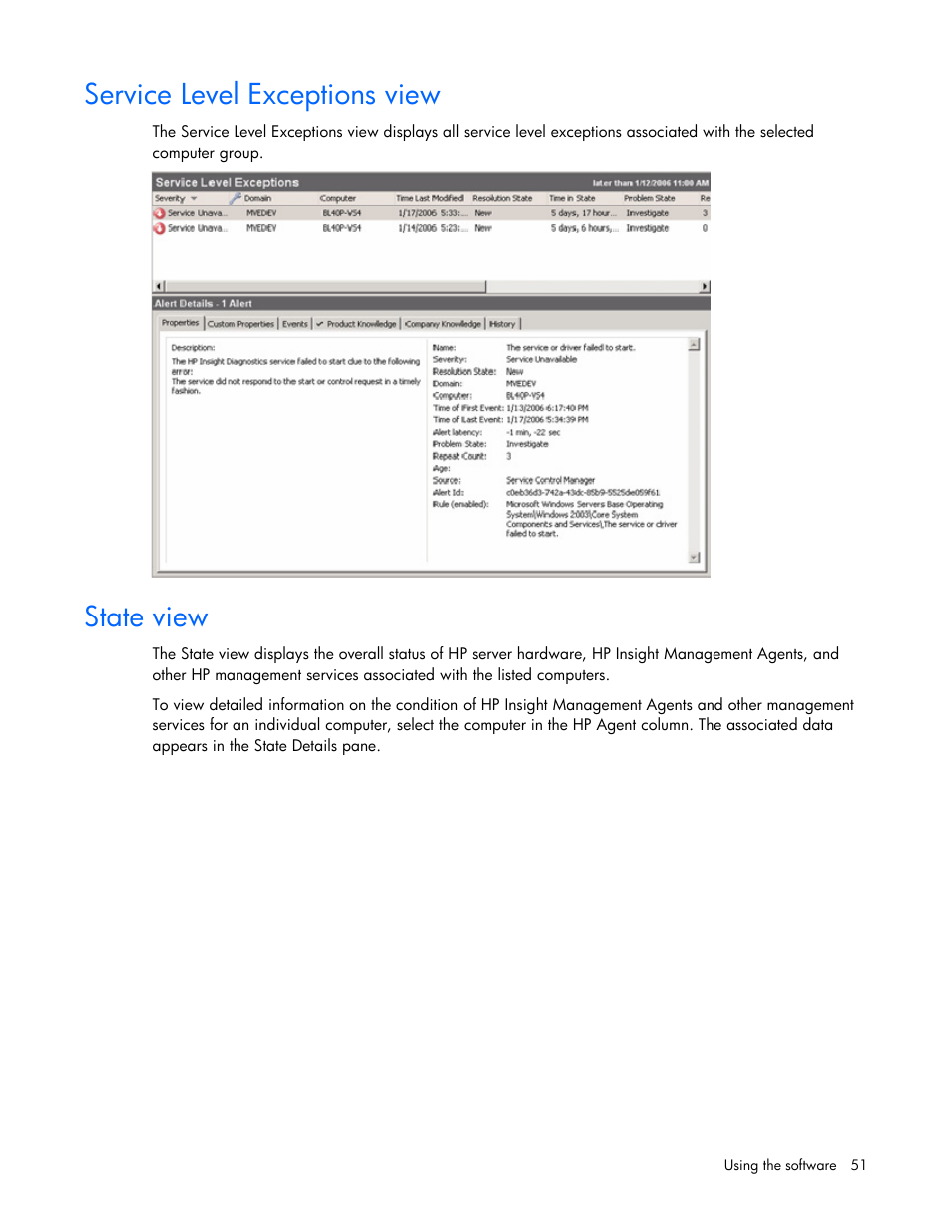 Service level exceptions view, State view | HP Microsoft Operations Manager Software User Manual | Page 51 / 116