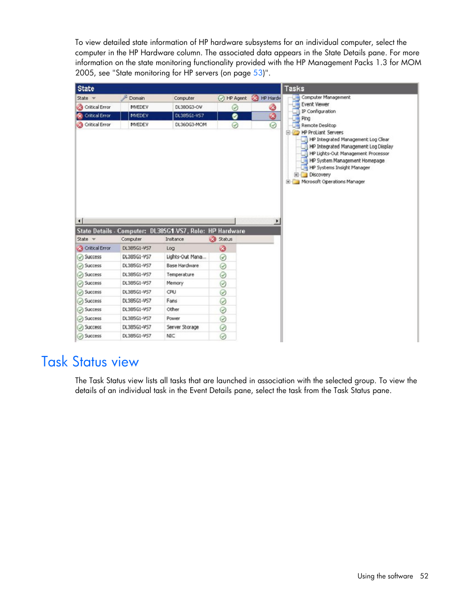 Task status view | HP Microsoft Operations Manager Software User Manual | Page 52 / 116