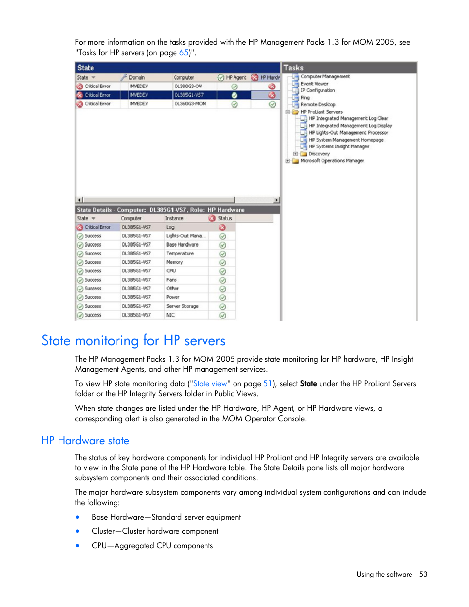 State monitoring for hp servers, Hp hardware state, Ate monitoring | HP Microsoft Operations Manager Software User Manual | Page 53 / 116