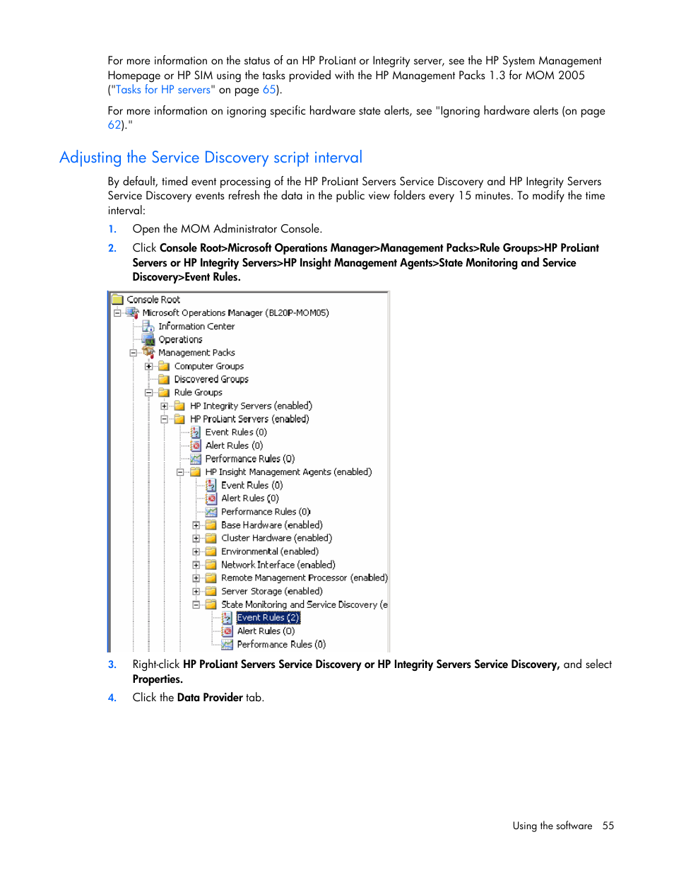 Adjusting the service discovery script interval | HP Microsoft Operations Manager Software User Manual | Page 55 / 116