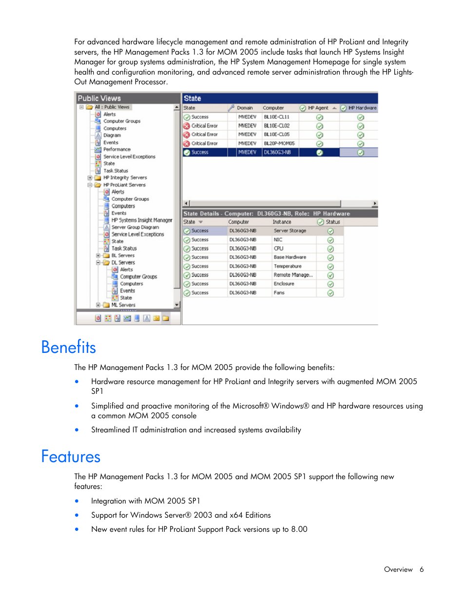 Benefits, Features | HP Microsoft Operations Manager Software User Manual | Page 6 / 116