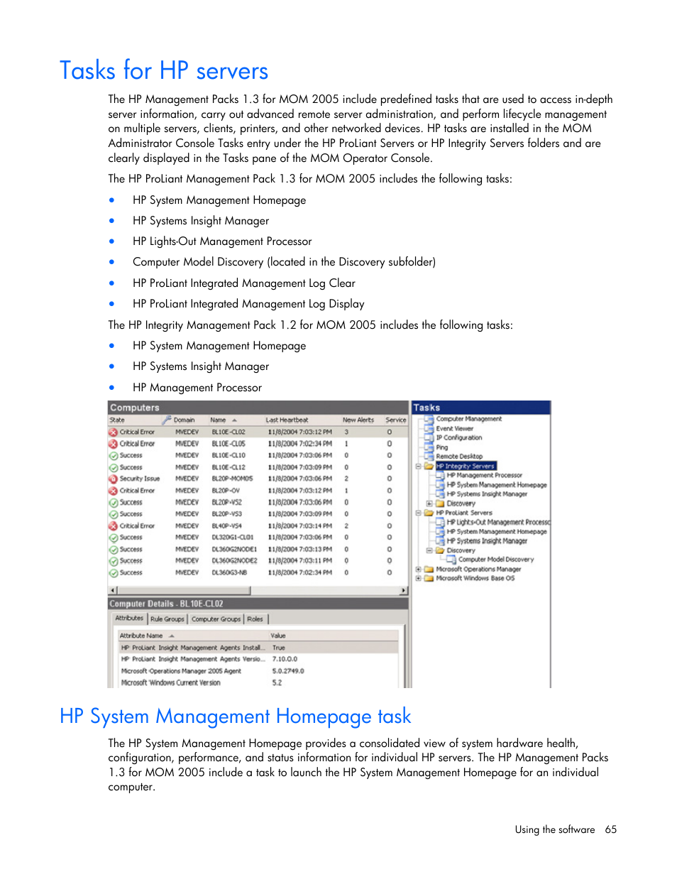 Tasks for hp servers, Tasks, Hp system management homepage task | HP Microsoft Operations Manager Software User Manual | Page 65 / 116