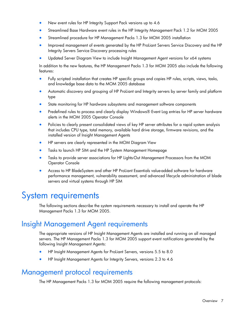 System requirements, Insight management agent requirements, Management protocol requirements | HP Microsoft Operations Manager Software User Manual | Page 7 / 116