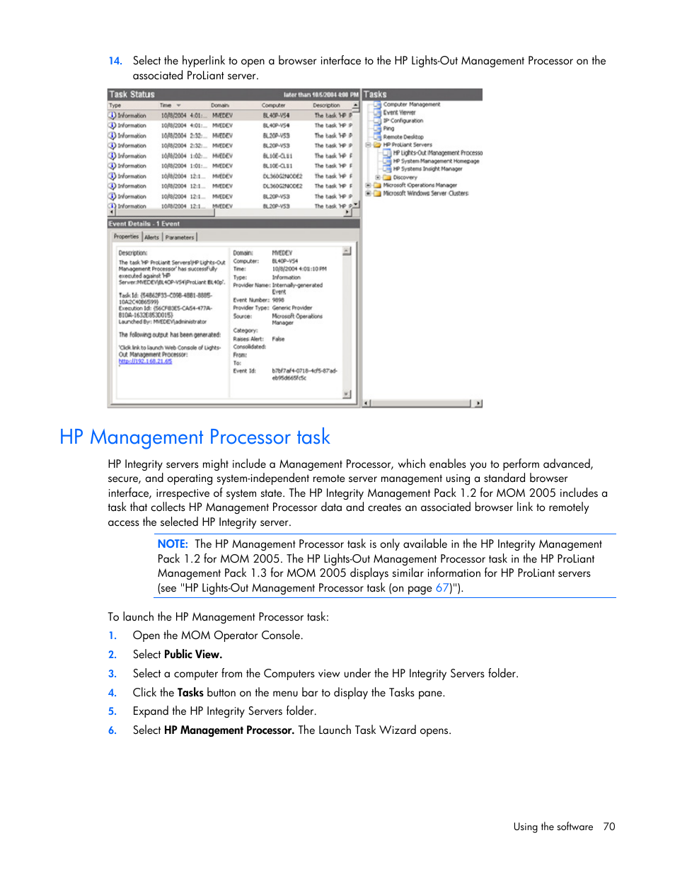 Hp management processor task | HP Microsoft Operations Manager Software User Manual | Page 70 / 116