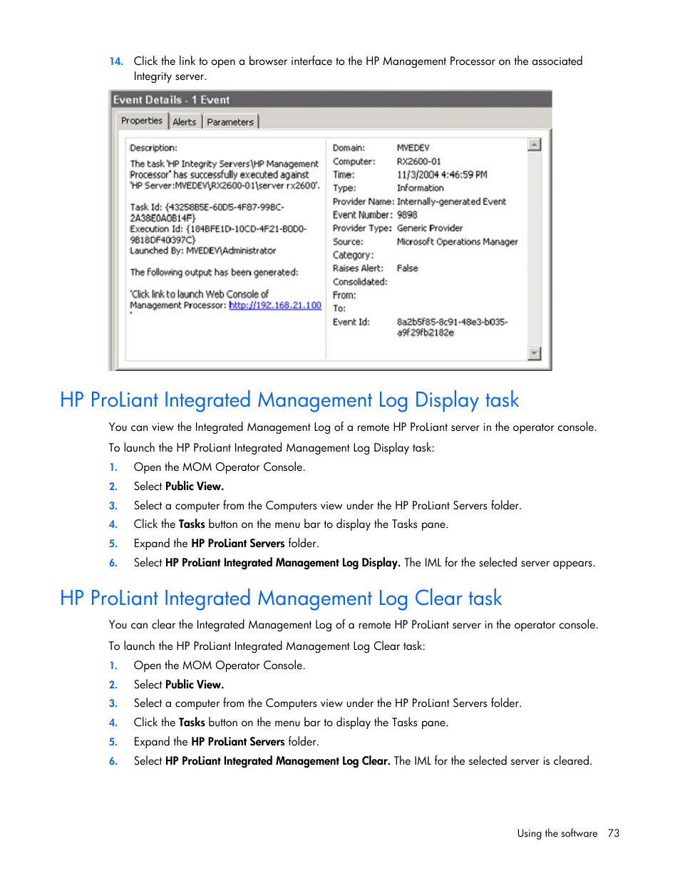 Hp proliant integrated management log display task, Hp proliant integrated management log clear task | HP Microsoft Operations Manager Software User Manual | Page 73 / 116