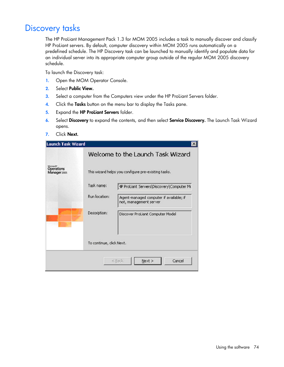 Discovery tasks | HP Microsoft Operations Manager Software User Manual | Page 74 / 116