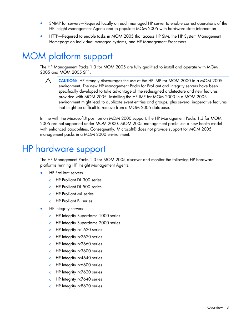 Mom platform support, Hp hardware support | HP Microsoft Operations Manager Software User Manual | Page 8 / 116