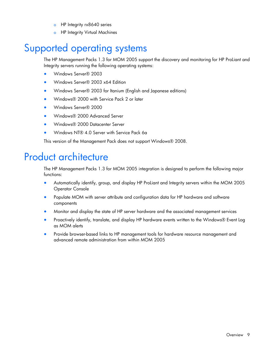 Supported operating systems, Product architecture | HP Microsoft Operations Manager Software User Manual | Page 9 / 116