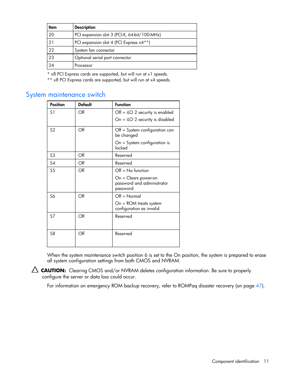 System maintenance switch | HP ProLiant ML310 G4 Server User Manual | Page 11 / 88