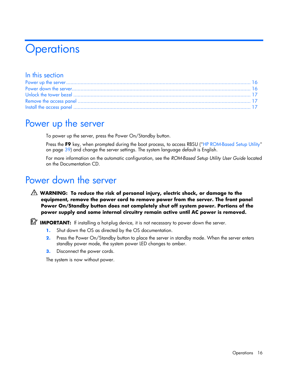 Operations, Power up the server, Power down the server | HP ProLiant ML310 G4 Server User Manual | Page 16 / 88