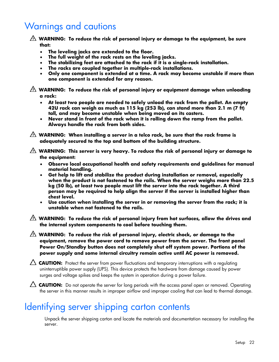 Warnings and cautions, Identifying server shipping carton contents | HP ProLiant ML310 G4 Server User Manual | Page 22 / 88